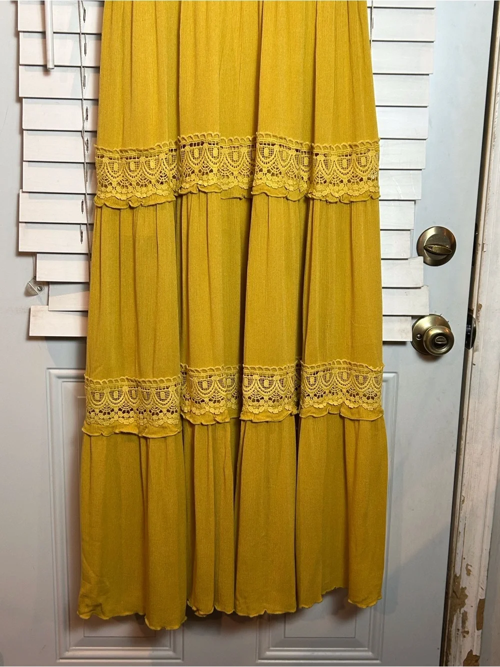 Yellow Lace Tiered Maxi Dress V Neck & Back Sleeveless Large Boho Regency - Picture 10 of 10